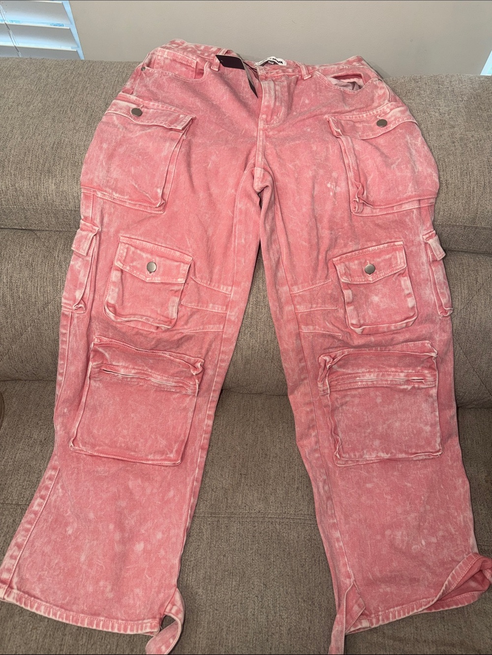 Fashion Nova Pink Acid-Wash Cargo Pants with Multiple Pockets